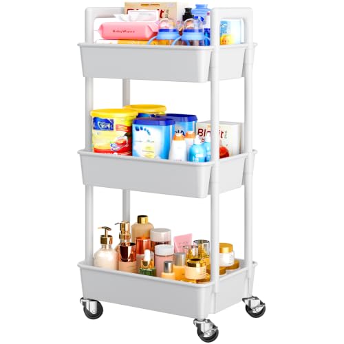 Pipishell White 3-Tier Rolling Storage Cart with Handle & Wheels