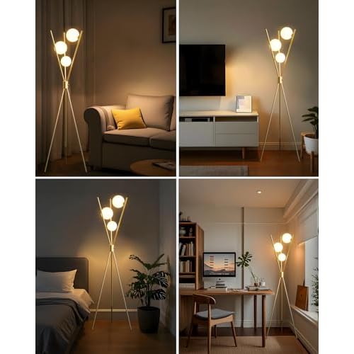 Lightdot Globe Dimmable Floor Lamp Gold Tripod Standing Lamps with 3PCS 3000K G9 Bulbs Stable Based Mid Century Modern Floor Lamp for Living Room/Bedroom