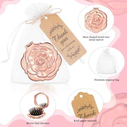 24 Sets Rose Compact Mirrors Brush Bulk Quinceanera Party Favors for Guests Travel Mirror Thank You Gifts Bulk for Sweet 16 15 Party Favors Bridal Shower Wedding Souvenirs(Rose Gold)