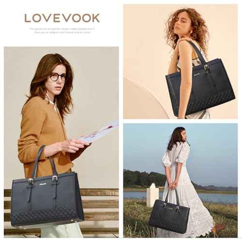 LOVEVOOK Women's 15.6 inch Laptop Tote, Waterproof PU Leather Computer Work Bag, Large Capacity Business Office Tote Black