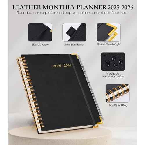 Academic Planner 2025-2026, Weekly and Monthly Calendar Planner from July 2025 - June 2026, 8.5" x 11" Hardcover Leather Hourly Appointment Book with Tabs, Spiral Daily Planners for College School Teacher Student, Black