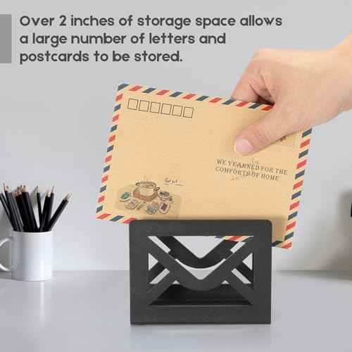 Desktop Metal Mail Holder,Modern Black Letter Organizer for Desk with Cutout Envelope Design,Home and Office Envelope and Document Storage Rack (Black)