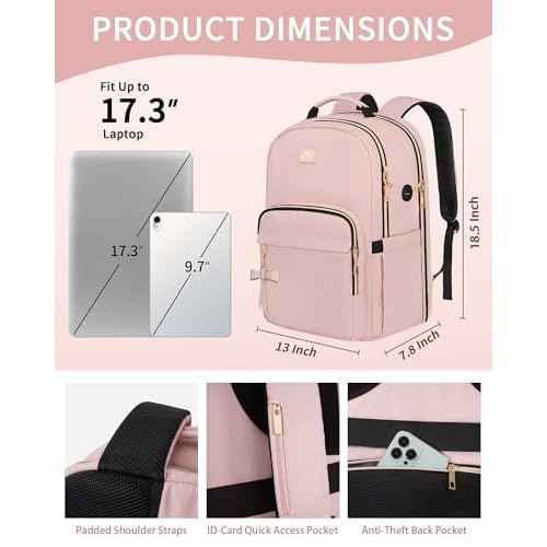 MATEIN Pink Laptop Backpack for Women, 17 Inch TSA Approved Anti Theft Padded Travel Backpack with Charging Hole & Luggage Strap, Large Water Resistant Work Computer Bag for Nurse College