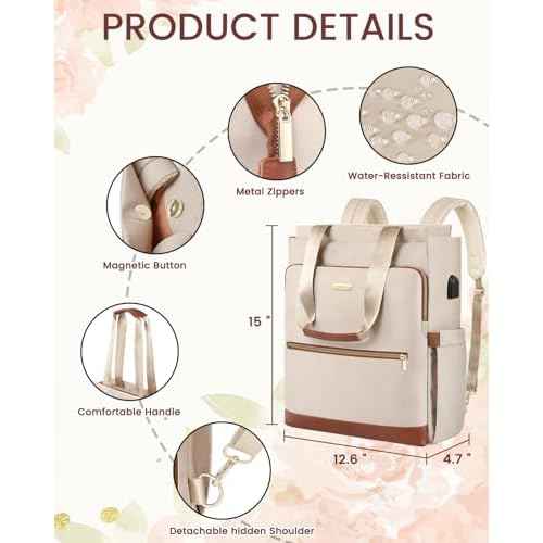 Jiefeike Laptop Backpack for Women,Convertible 15.6 Inch Wide Open Travel tote Bag Backpack for Teacher Doctor,Water-resistant Work Backpack for College Business