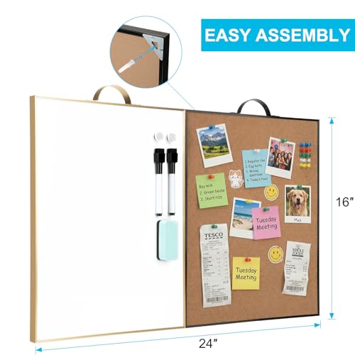 TSJ OFFICE Small Whiteboard & Corkboard Combo Set 24x16 Inch Wall Mount with Markers & Pins