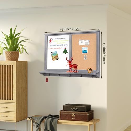 TORASO 23.6x35.4 Inch Gray Whiteboard & Cork Board Combo Wall Mount with Shelf & Hooks