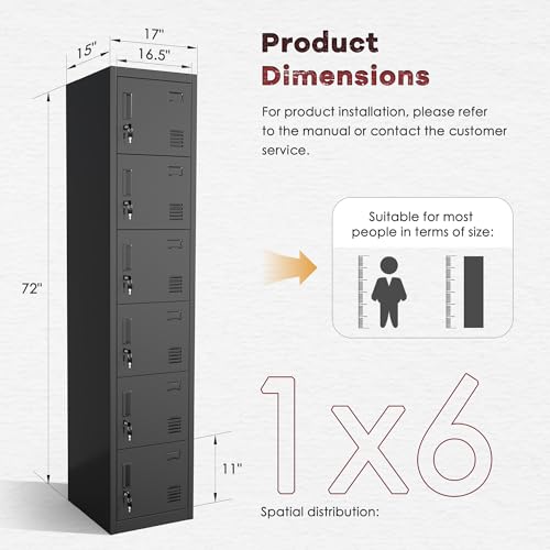Bonusall 72" High 6-Door Metal Locker with Keys, Black - Employee/Gym/School Storage