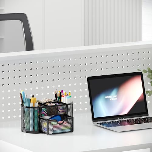 EasyPAG Mesh Pen Holder Desk Organizer with Drawer - Black, 9 Compartments
