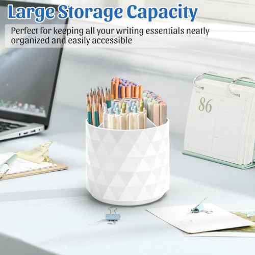 Desk Organizer,Sparkling Diamond-like Pen Holder for Desk 360¡ÆRotating Office Accessories,Pencil Cup with 5 Compartments Storage Box Caddy for Office,School,Home,Art Supply(White)