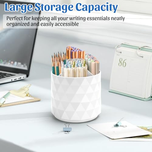 Minimaliving White Desk Organizer with Sparkling Diamond Design, 360° Rotating Pen Holder, 5 Compartments Office Storage Caddy