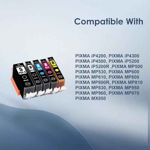 PGI-5 CLI-8 Ink Cartridges Replacement for Canon PGI5 CLI8 for Canon PIXMA iP4200 iP4500 iP5200 MP-500 MP-530 MP-830 MP-950 MX-850 (5- Pack PBK,BK C M Y,)