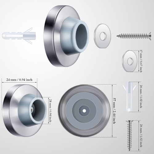 Pangda Concave Wall Door Bumper Stop Silver Stainless Steel Wall Door Bumper with 1-1/8 Inch Gray Round Rubber Protector Stops(Silver,40 Pieces)