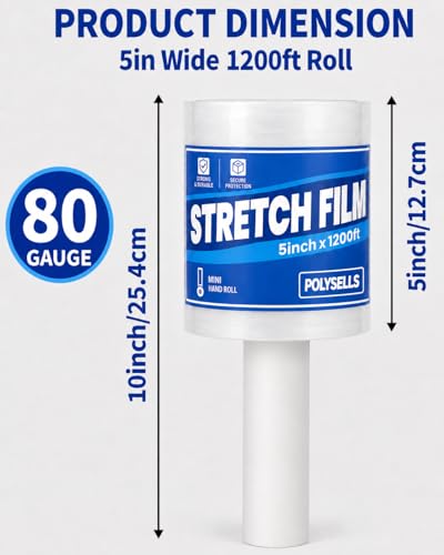Polysells 2 Pack 5" x 1200ft MIni Roll Stretch Film with Handle, 80