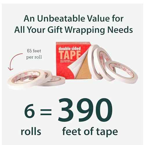 Little ELF Double Sided Gift Wrap Tape for Gift Wrapping, 6 Rolls of Adhesive, Easy Tear, Paper Backing, 1/2 inch x 65 feet per roll, Clear, Transparent, Christmas