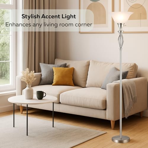 LIGHTACCENTS Torchiere Floor Lamp with White Alabaster Glass Shade ? Tall Standing Lamp with Iron Scrollwork and Brushed Nickel Finish ? Modern Floor Lamp for Living Room and Office