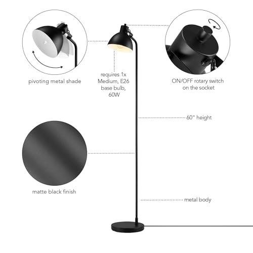 GLOBE Electric 60" Floor Lamp, Matte Black, On/Off Rotary Switch on Socket, 6-Foot Black Cord, Reading Light, Bedroom, Living Room, Home Decor