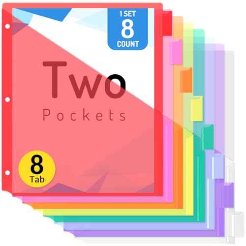 Forvencer 8 Count Dividers with Two Pockets, 8 tabs Binder Dividers for 3 Ring Binder Organizer, Multicolor, 1 Set