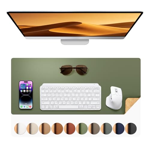 Aothia Dual-Sided Desk Mat - Natural Cork & Leather, Large 25.6"x13.7", Olive Green