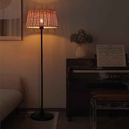 Rattan Industrial Floor Standing Lighting with Pedal Black Cord Wicker Lampshade E26 Lamps Fixture Lights for Bedroom Living Room Reading Room Studio
