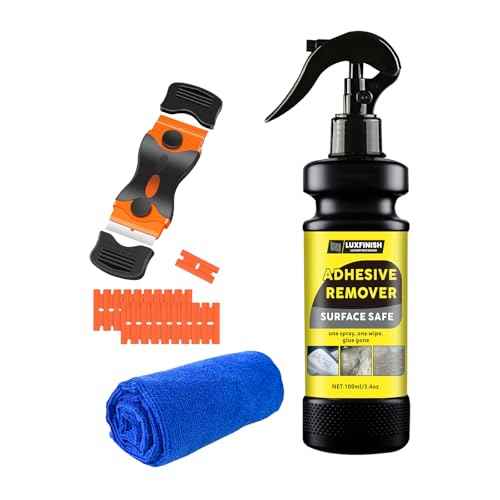 Adhesive Remover Spray with Scraper & Towel - Remove Stickers, Labels, Tape Residue from Car Paint, Glass, Tile - Safe Multi-Surface Formula - 100ml/3.4oz