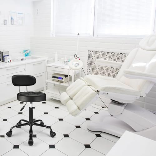 FNZIR Black PU Leather Rolling Stool with Backrest, Height Adjustable Swivel Drafting Chair