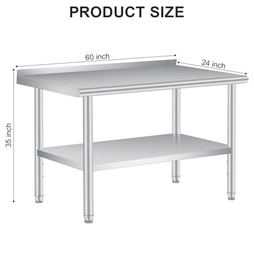 IDEALHOUSE 60x24 Inch Stainless Steel Prep Table with Adjustable Undershelf – Rooted Heavy-Duty, Silver