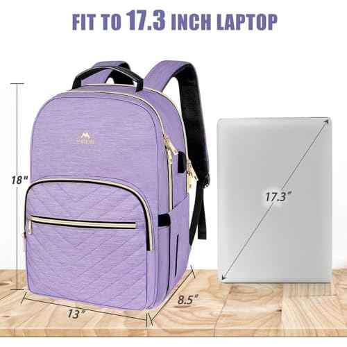 MATEIN 17 Inch Laptop Backpack, Womens Travel Laptop Backpack, Large Water Resistant College Teacher Nurse Work Bag Lightweight Daypack Computer Bagpack with USB Charging Port, Light Purple
