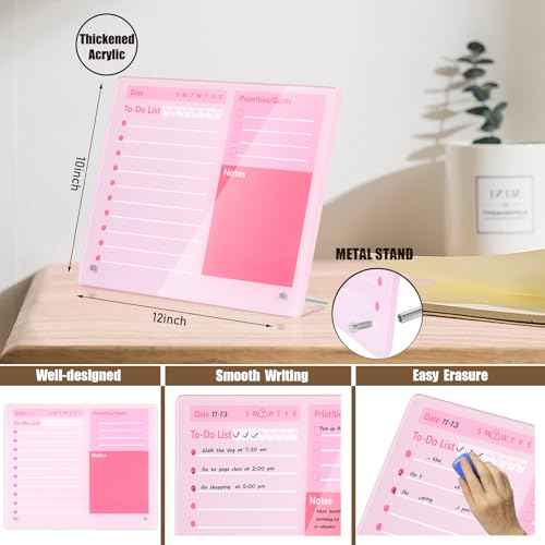 Desktop Thickened Acrylic Dry Erase Board to do List Planner Board£¬12"x10"£¬Tabletop Whiteboard with Stand£¬Frameless Pink Dry Erase White Board£¬for Office/Home/School