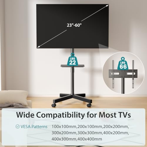 OLIXIS Deep Black Rolling TV Stand for 23-60 Inch Screens with Wheels & Adjustable Tilt