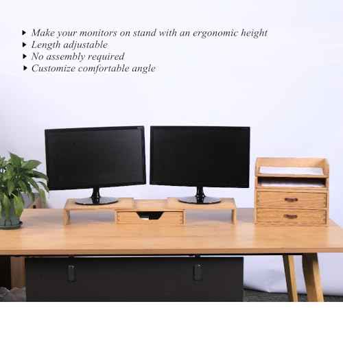Monitor Stand Rier - Computer Riser with Storage Drawer for Office Supplies - Wood Desktop Organizer Shelves with Adjustable Length Angle - Desk Organizer Tray Rack for Laptop (YPJ3T-LT)