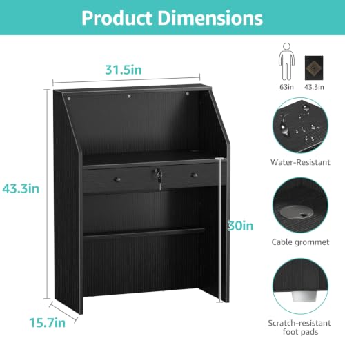 Small Black Reception Desk with Lockable Drawer & Counter for Salon & Retail