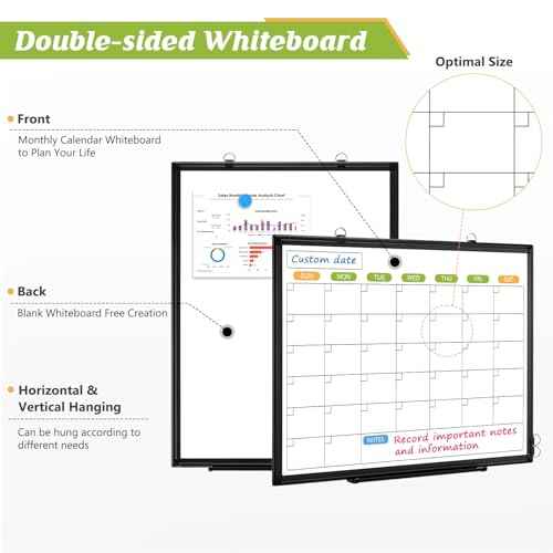 Dry Erase Calendar Whiteboard for Wall, 24" x 18" Magnetic Monthly White Board Calendar with Black Aluminum Frame, Double-Sided Hanging Dry Erase Board for Office, Home, School