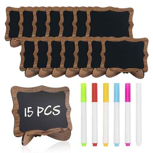 Temlum 15 Pcs Mini Chalkboard Sign with 6 Color Chalk Markers, 2.9¡È x 3.9¡È Wooden Blackboard Reusable Small Chalkboards for Food, Buffet, Parties, Message Boards, Table Numbers (Wavy Shaped)