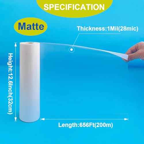 12.6Inchx656Ft Standard Matte Thermal Laminating Film BOPP Thermal Film Hot Roll Laminating Film, 1Inch Core, 1Mil(28mic) Thickness Laminate Rolls