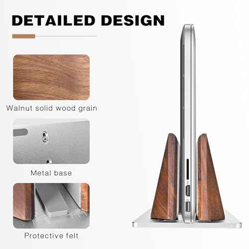 muso wood Vertical Laptop Stand, Walnut Laptop Holder Desktop Stand with Adjustable Dock Size, Wooden Laptop Stand for MacBook Pro and Other Laptops