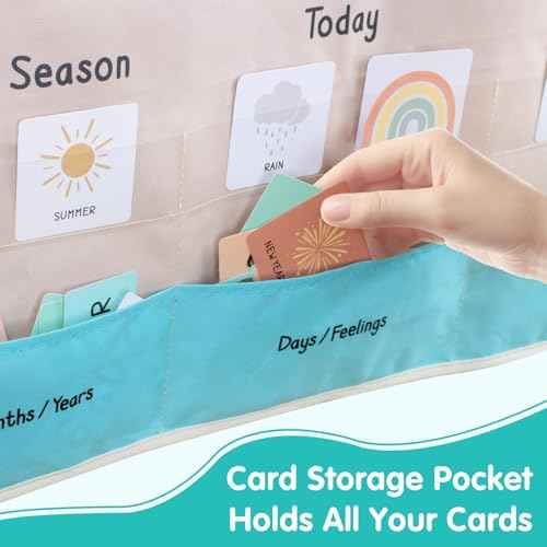 Calendar and Weather Pocket Chart for Classroom, 35¨ö" x 25¨ö" Large Boho Calendar for Kids, Toddler Learning Activities Chart, Homeschool and Teacher Essentials 114 Cards