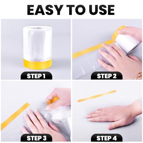 ADHES Pre Taped Masking Film with Adhesive Edge, 103 inch x 36 Yards x 3 Rolls No Residue Masking Tape for Painting, Automotive, and DIY Projects Tape and Drape for Floor Furniture Protection