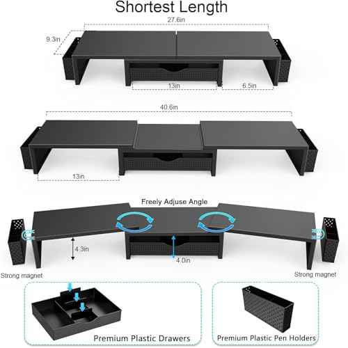 gianotter Dual Monitor Stand Riser, Desk Organizer With Drawer and 2 Pen Holders, Computer Monitor Stand, Shelf for Top of Desk, Black