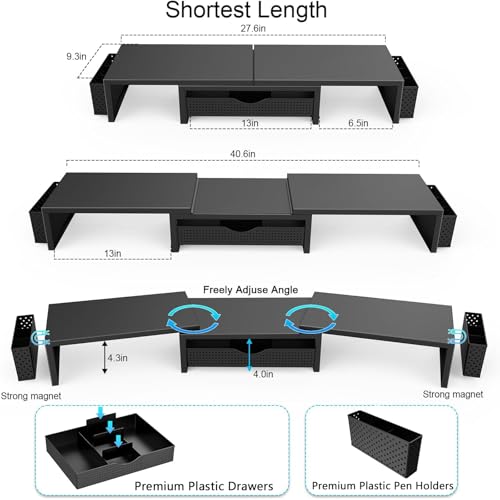 Gianotter Black Dual Monitor Stand Riser with Drawer & Pen Holders - Ergonomic Desk Organizer