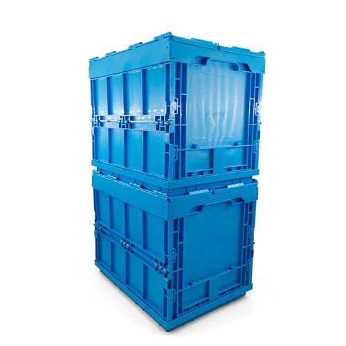 Collapsible 35 Liter Heavy Duty Storage Bin / Foldable & Stackable Utility Crate With Attached lockable Lid (2 PACK)