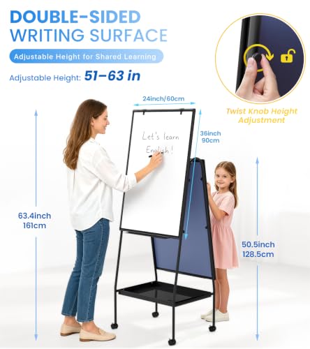 MAKELLO 36x24 Double-Sided Whiteboard Classroom Easel with Storage & Adjustable Height