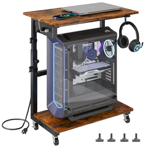 2-Tier Computer Tower Stand with Power Outlet, Height Adjustable PC Tower Stand with Wheels, ATX-Case CPU Holder Cart with Hooks for Home, Office, Gaming (Brown)