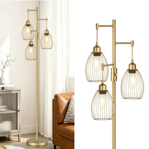 Torondo Gold Dimmable Industrial Floor Lamp with Teardrop Cage & 800 Lumens LED for Living Room & Bedroom