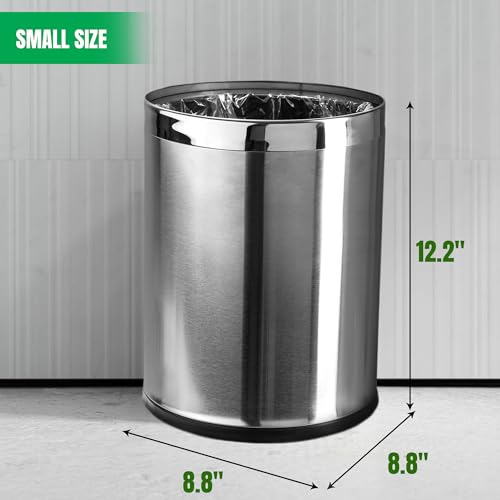Small Office Trash Can, Open Top Small Wastebasket Bin, Stainless Steel Garbage Can, 'Invisi-Overlap' Metal Decorative Waste Basket for Powder Room, Vanity, Bathroom, Home, Modern
