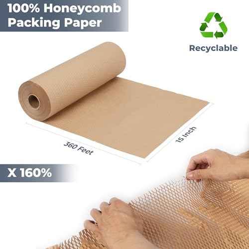 Honeycomb Packing Paper Wrap 15''360', Substitute Alternative for Bubble Cushioning Wrap for Moving Shipping Packaging, Recyclable Moving Supplies with 36 Fragile Sticker Labels