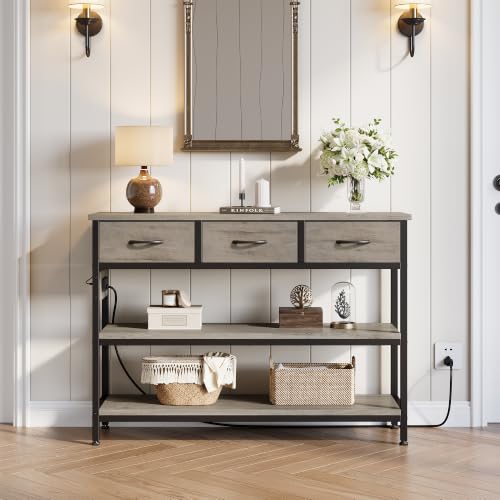 Entryway Console Table with Outlets & 3 Fabric Drawers, 43 in Grey