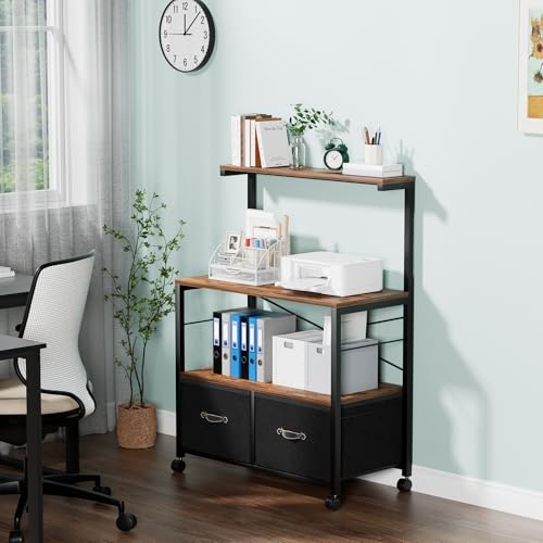 VECELO Lateral File Cabinet on Brakeable Wheels, Large Printer Stand with 3 Open Storage Shelf, Large Capacity, Ideal for Home Office, Suit for Letter Size, Brown