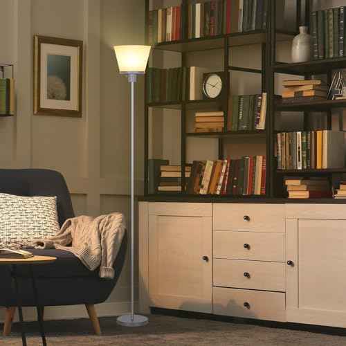 Standing Lamp for Bedroom, LED Modern Floor Lamp for Living Room Office, Sliver Tall Bright Floor Lamp with White Plastic Shade, Bulb Not Included.