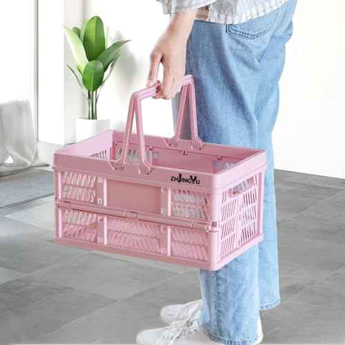 Pink crates for storage,plastic baskets for organizing,collapsible shopping basket,20L foldable crate with Handles,9.84"x14.96" x 7.87",Car Milk Dairy crate for Kitchen,Bathroom,Medicine Garage