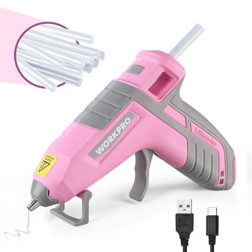 WORKPRO Pink 3.6V Cordless Hot Glue Gun + 20 Pcs Mini Glue Sticks (USB-C) Pink